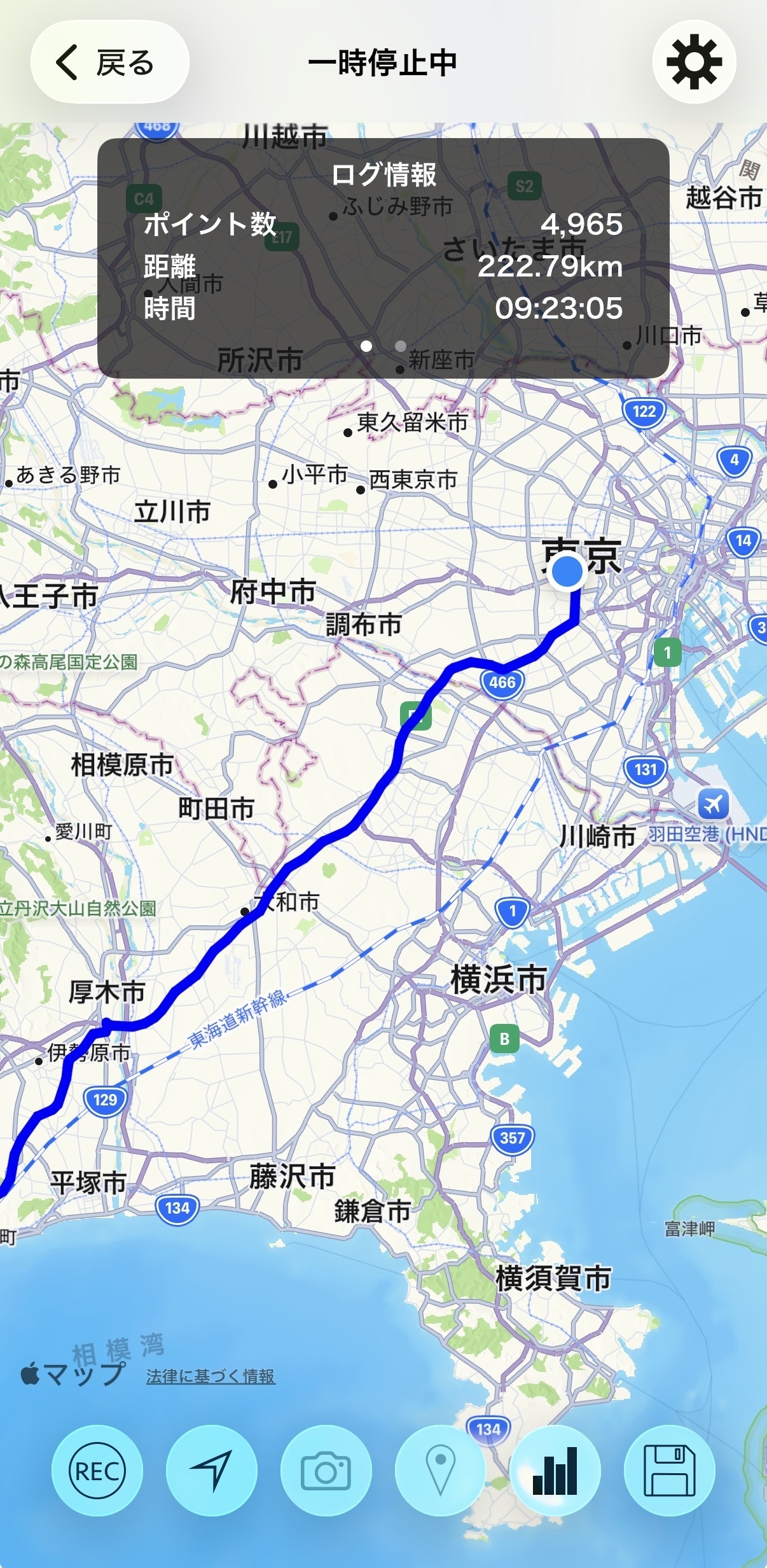 Simple Loggerで走行ログを記録し、距離や時間を確認している画面