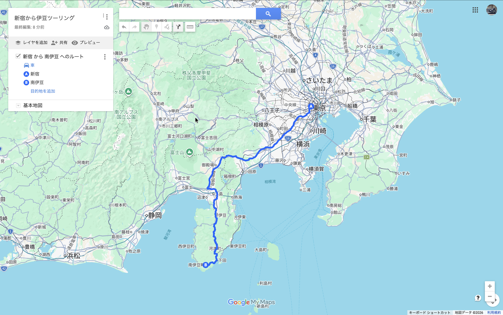 Google My Mapsで新宿から南伊豆へのルートを表示している画面